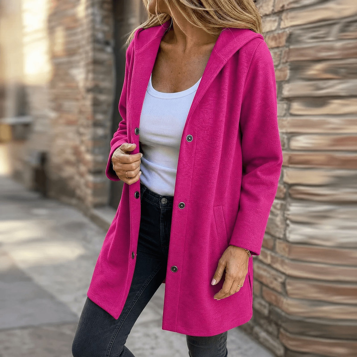 Dames Halflang Vest met Capuchon en Knopen