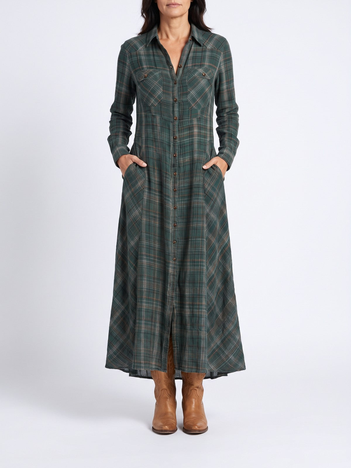 Dames Geruite Maxi Jurk met Knopen