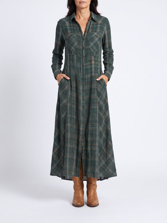 Dames Geruite Maxi Jurk met Knopen