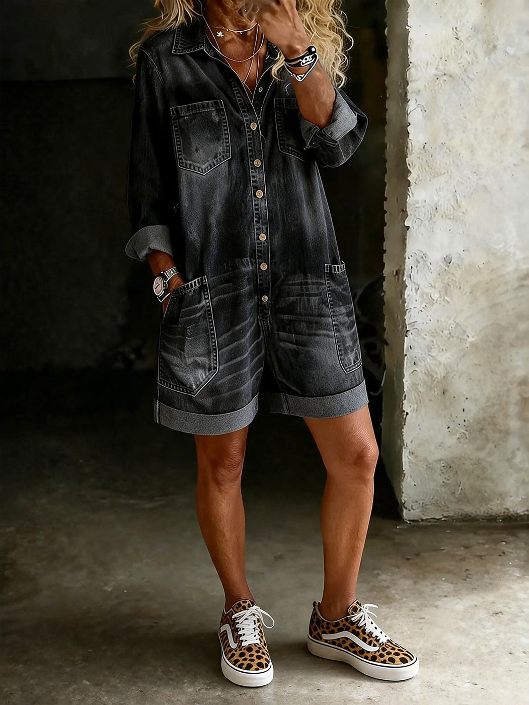Dames Korte Spijker Jumpsuit met Knopen