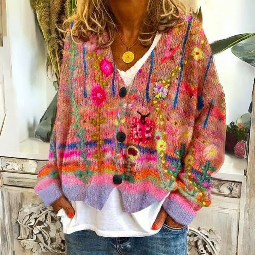 Dames Gebreid Bloemen Vest met Knopen