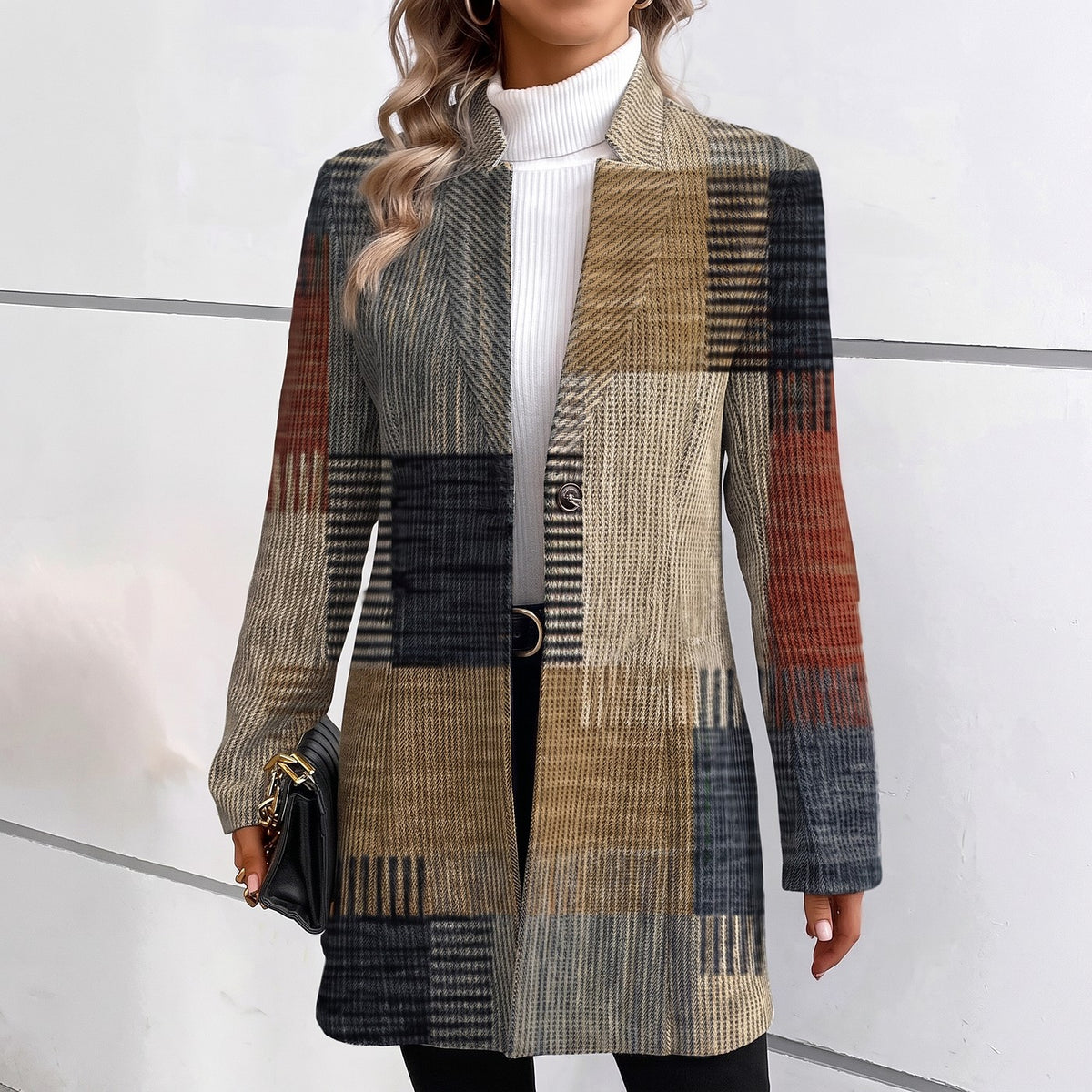 Dames Lange Blazer Geruit met Patchwork