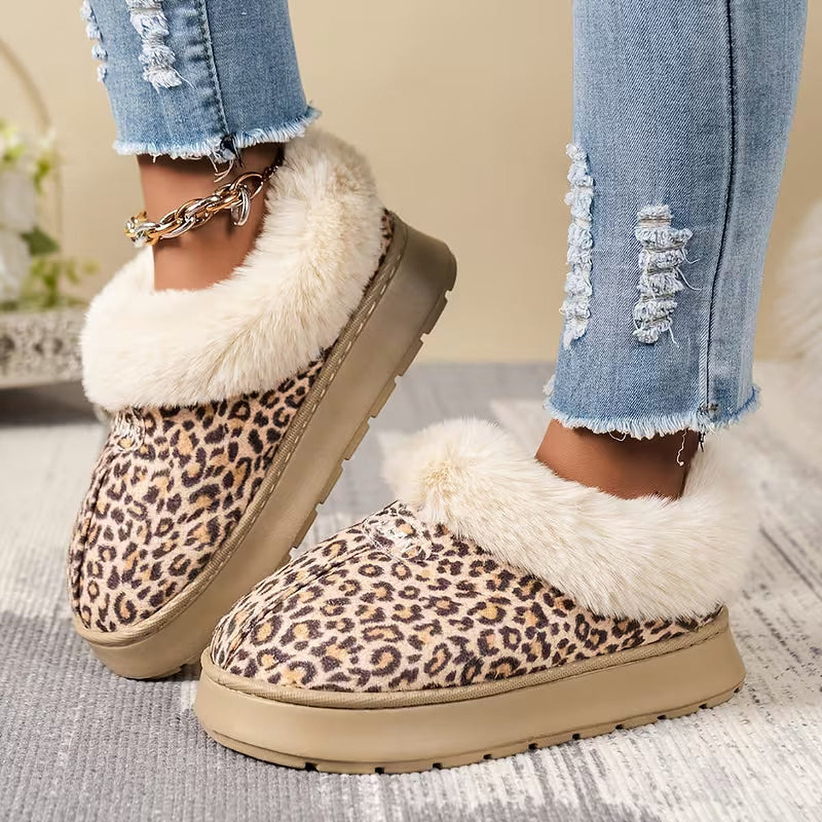 Damespantoffelboots met Imitatiebont en Plateauzool
