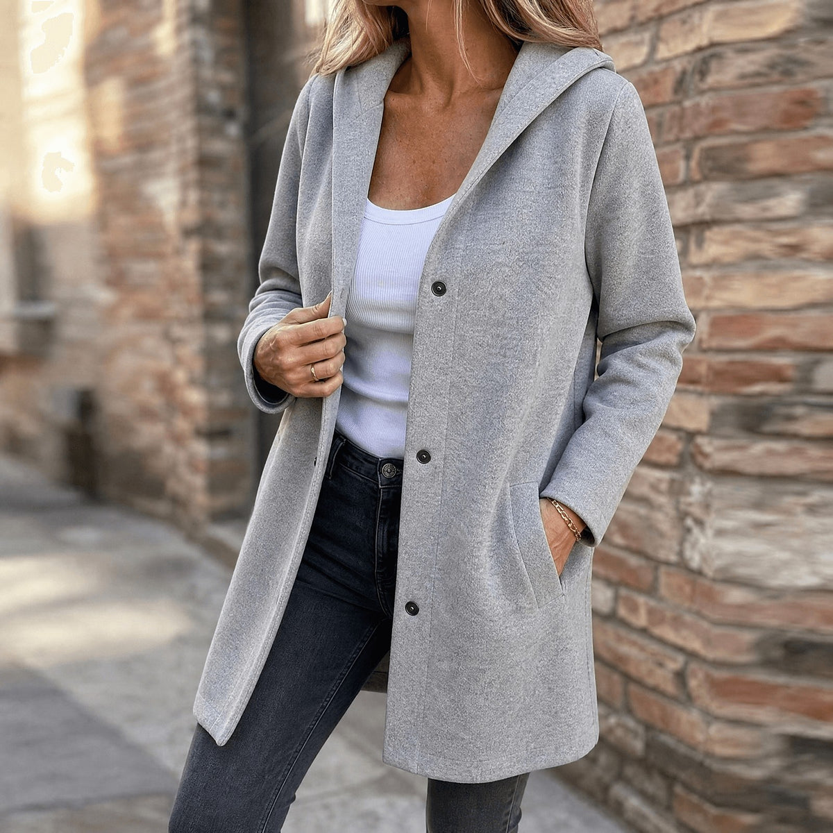 Dames Halflang Vest met Capuchon en Knopen
