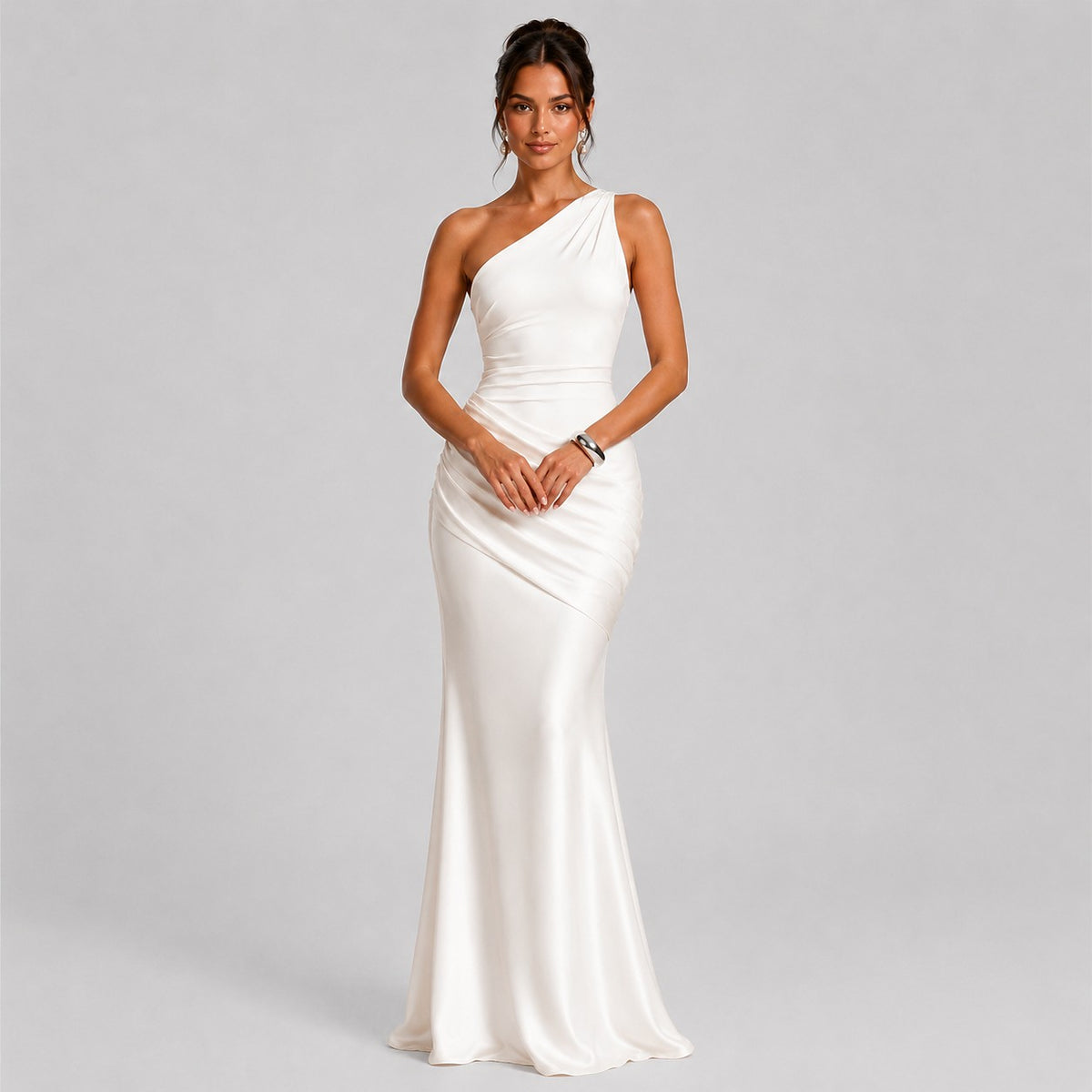 Dames Satijn Look One Shoulder Maxi Jurk