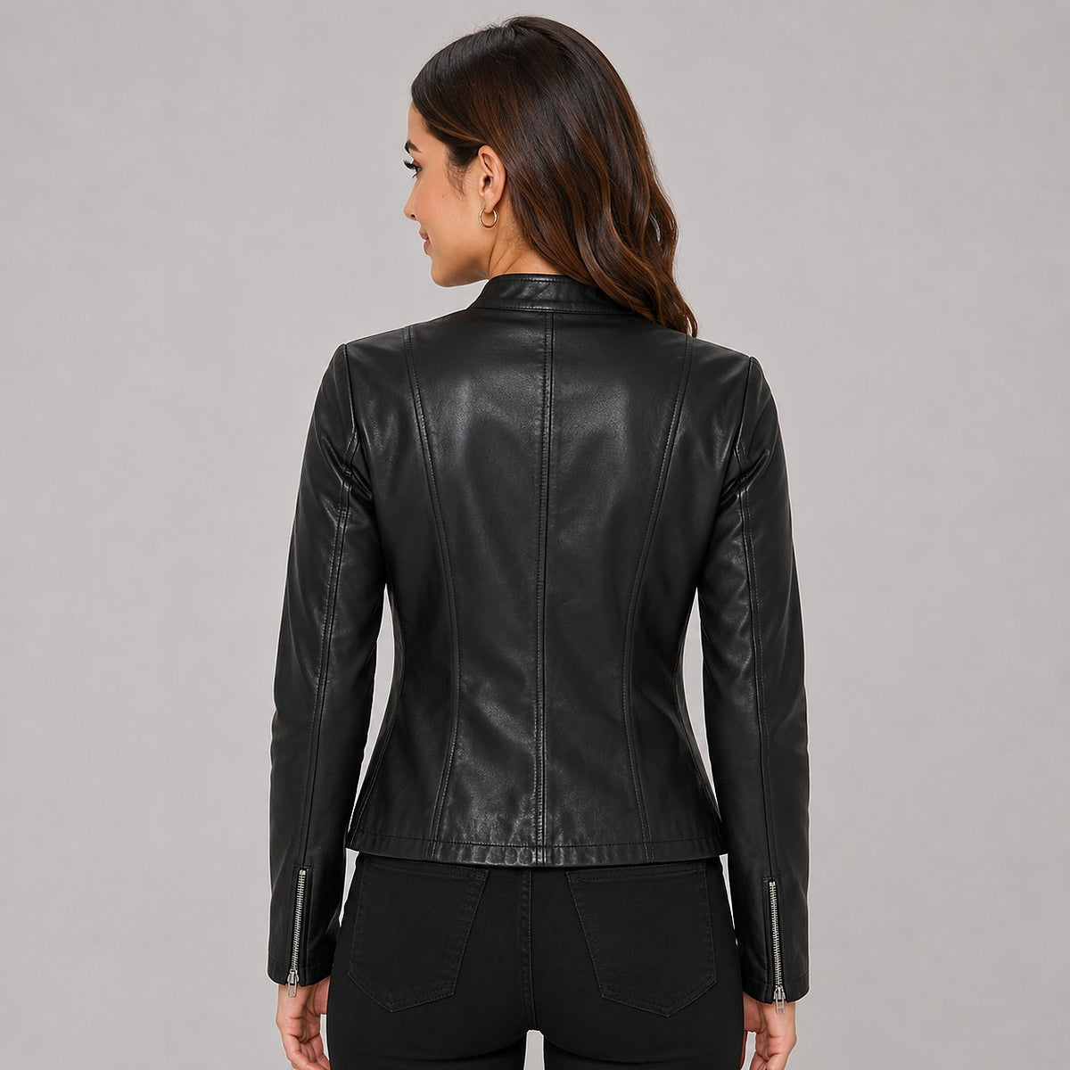 Dames Korte Imitatieleren Bikerjas met Rits