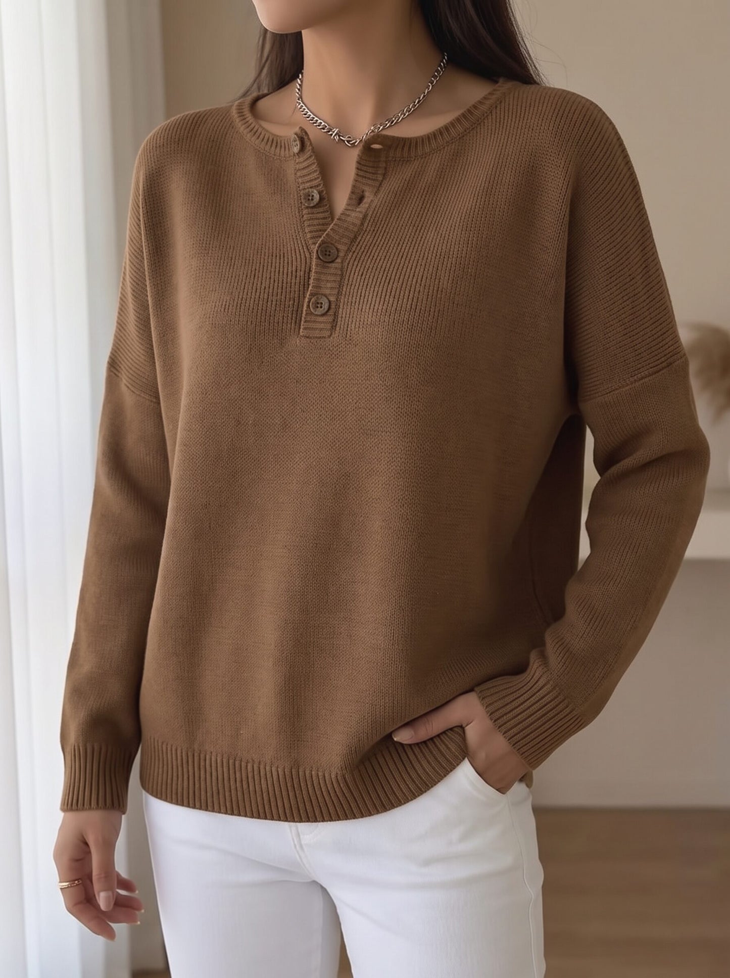 Dames Pullover met V-hals en Knoopsluiting