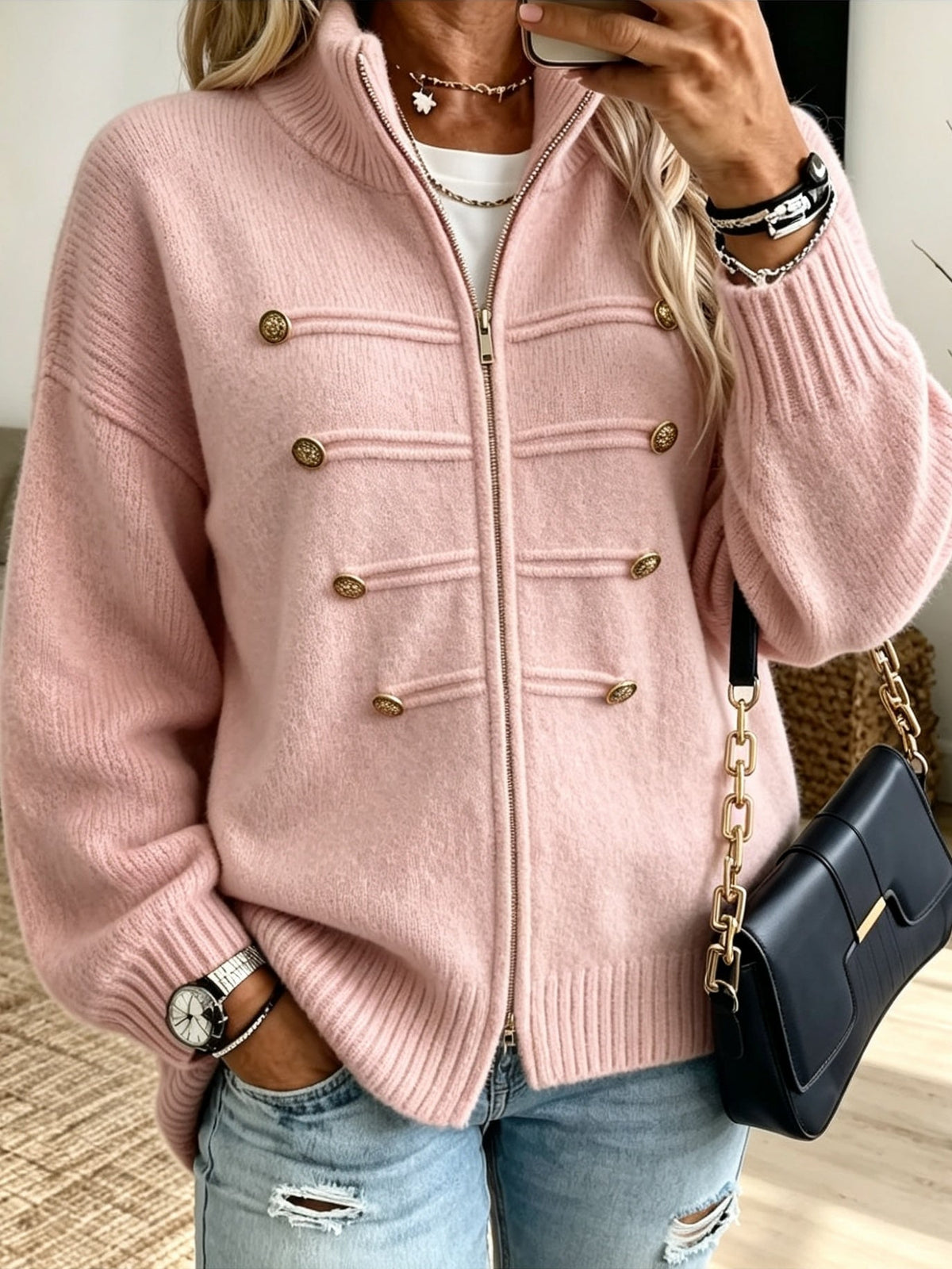 Dames Vest met Rits en Knoopdetail
