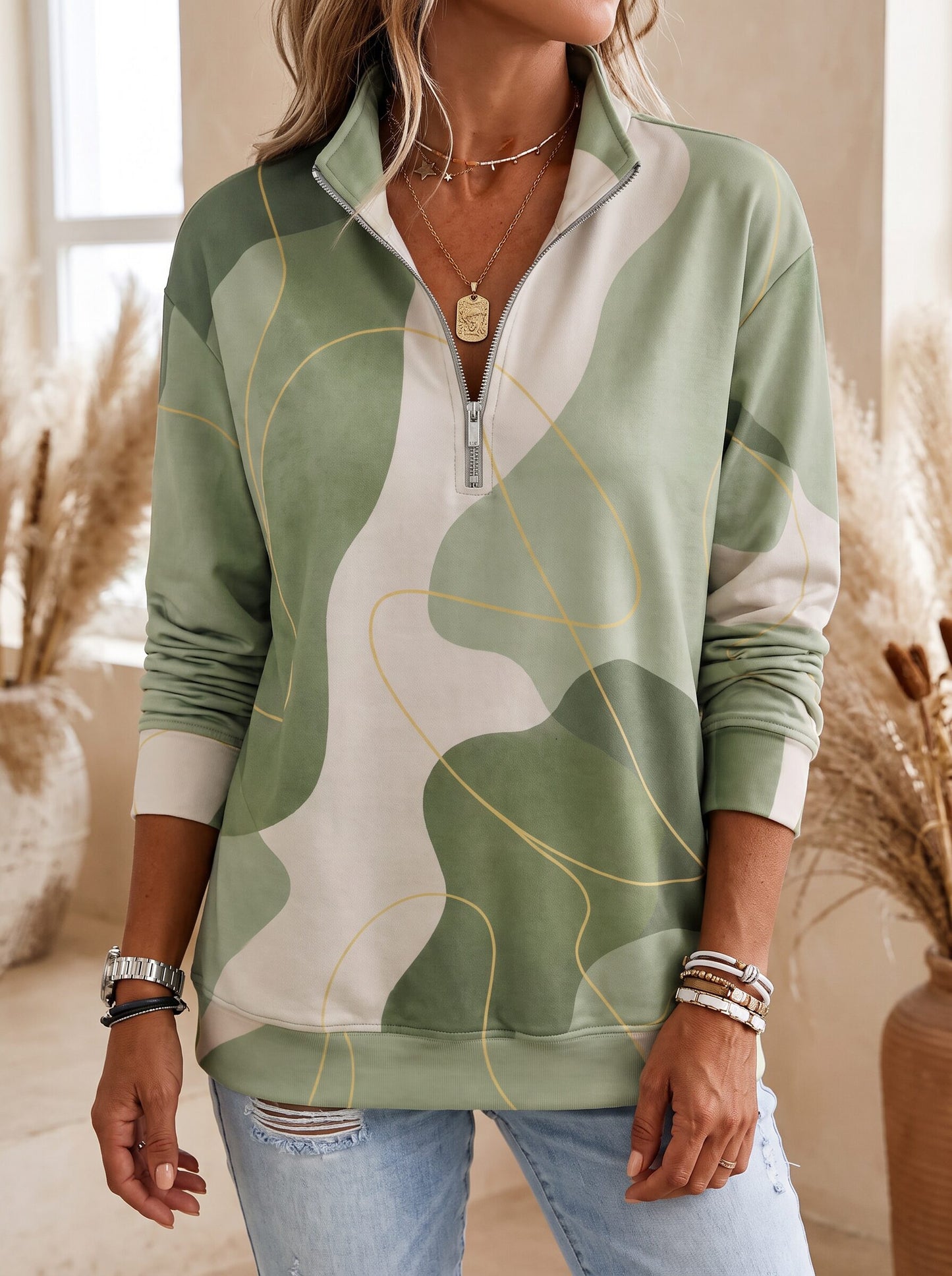 Dames Sweatshirt met Grafische Print en Halve Rits