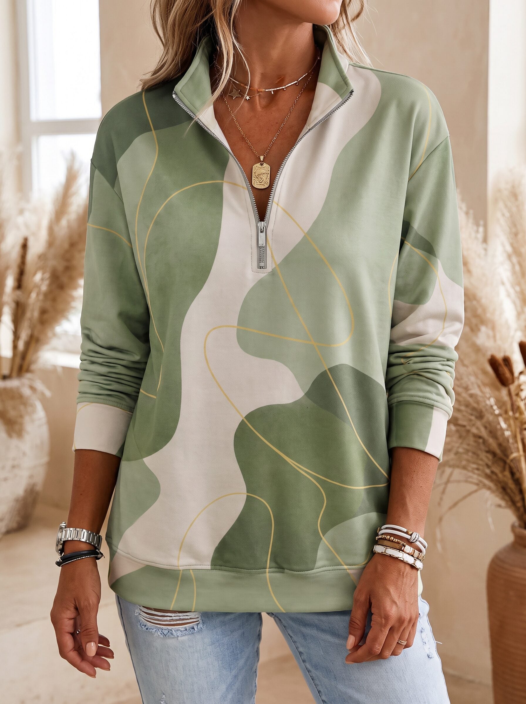 Dames Sweatshirt met Grafische Print en Halve Rits