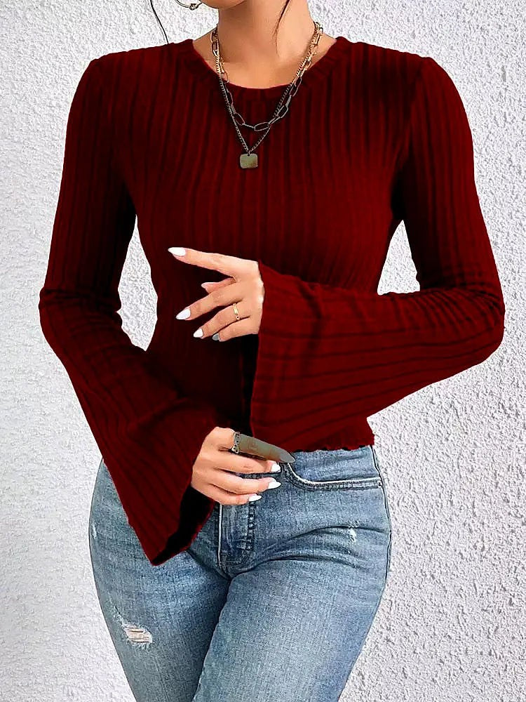 Dames Geribbelde Croptop met Wijduitlopende Mouwen
