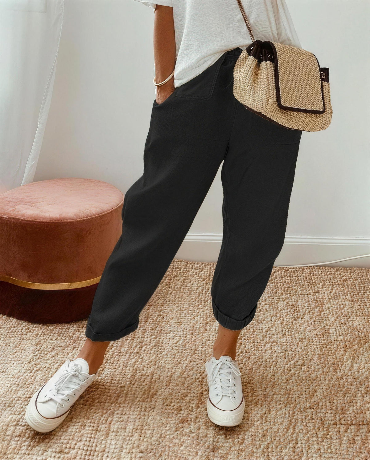 Dames Tapered Broek met Trekkoord en Omslag