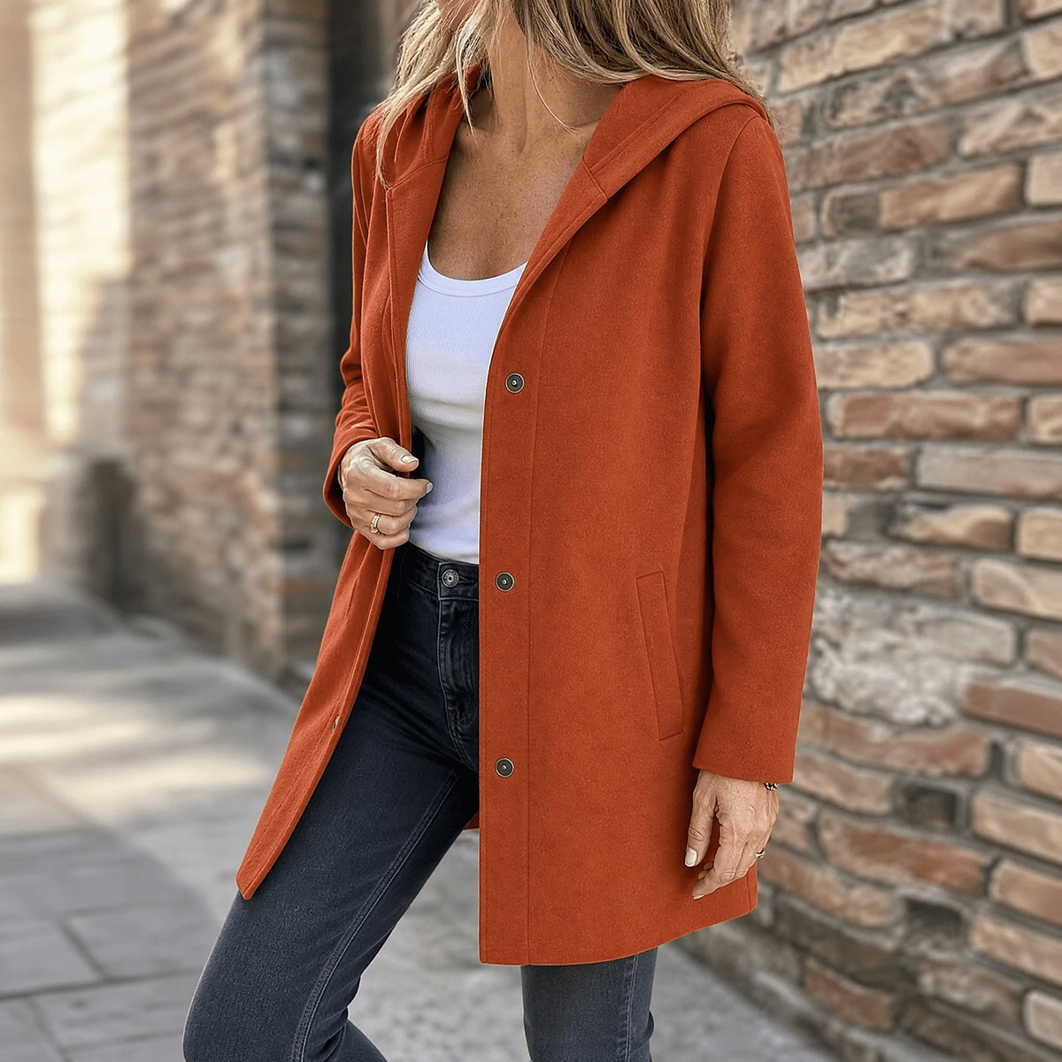 Dames Halflang Vest met Capuchon en Knopen