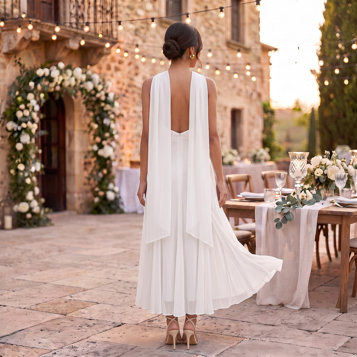 Dames Lange Chiffon Jurk met Open Rug