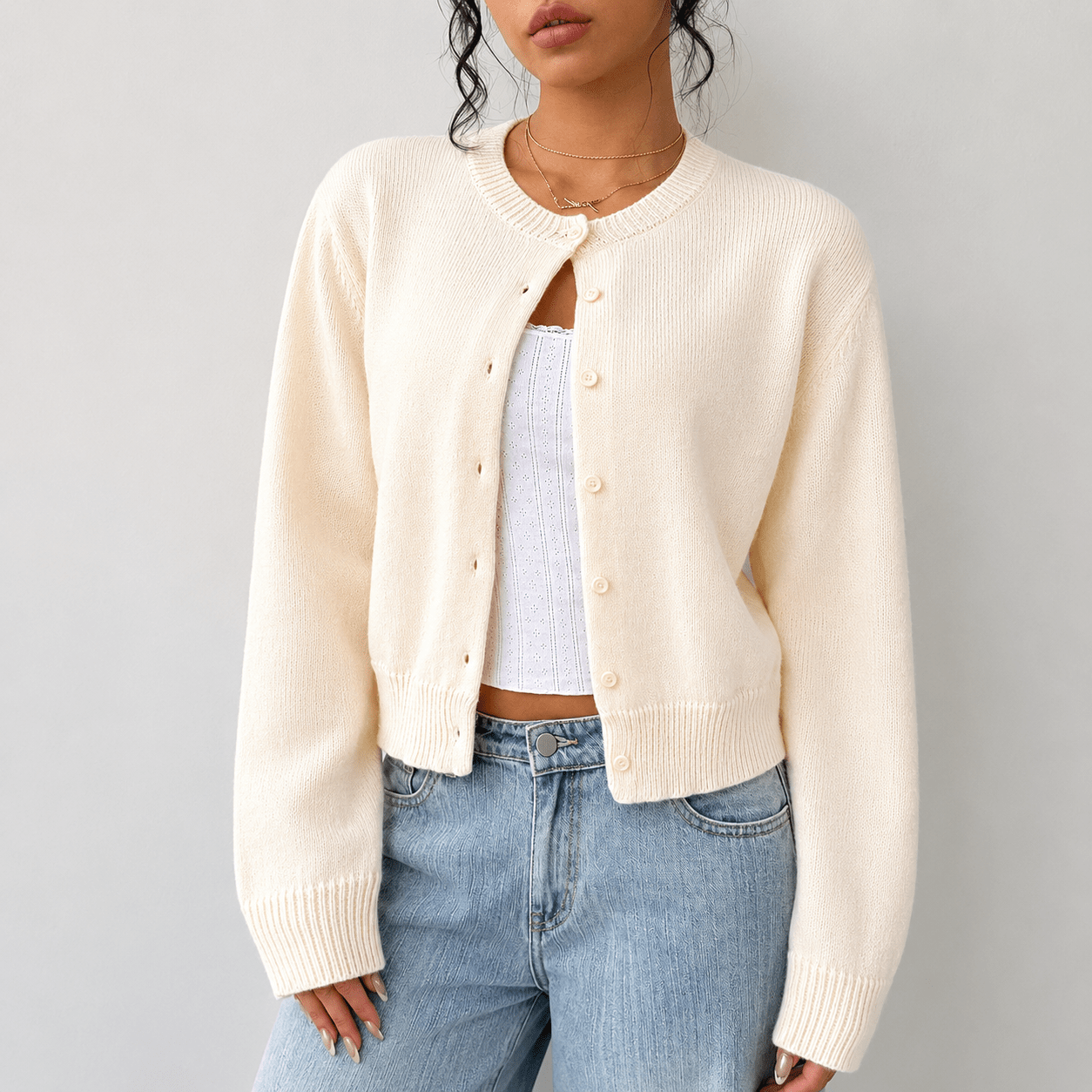 Dames Gebreid Cropped Vest met Knoopsluiting en Geribde Boorden