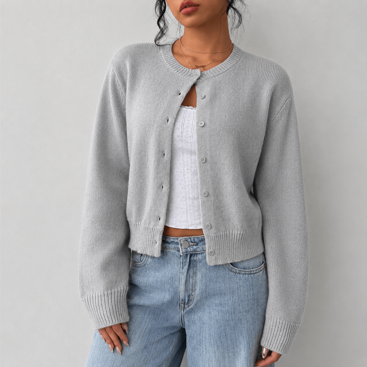 Dames Gebreid Cropped Vest met Knoopsluiting en Geribde Boorden