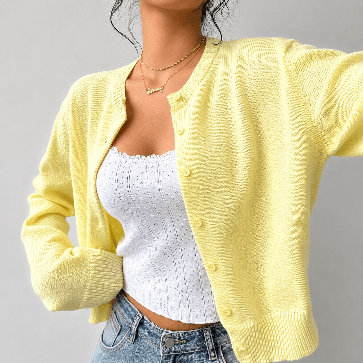 Dames Gebreid Cropped Vest met Knoopsluiting en Geribde Boorden