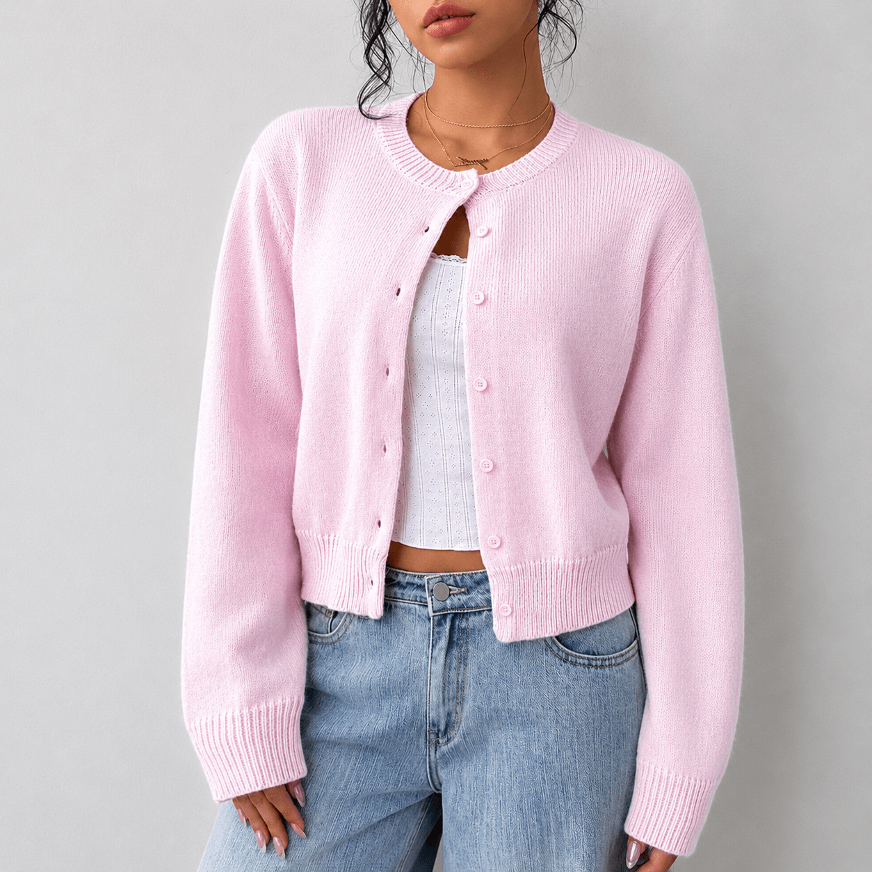 Dames Gebreid Cropped Vest met Knoopsluiting en Geribde Boorden