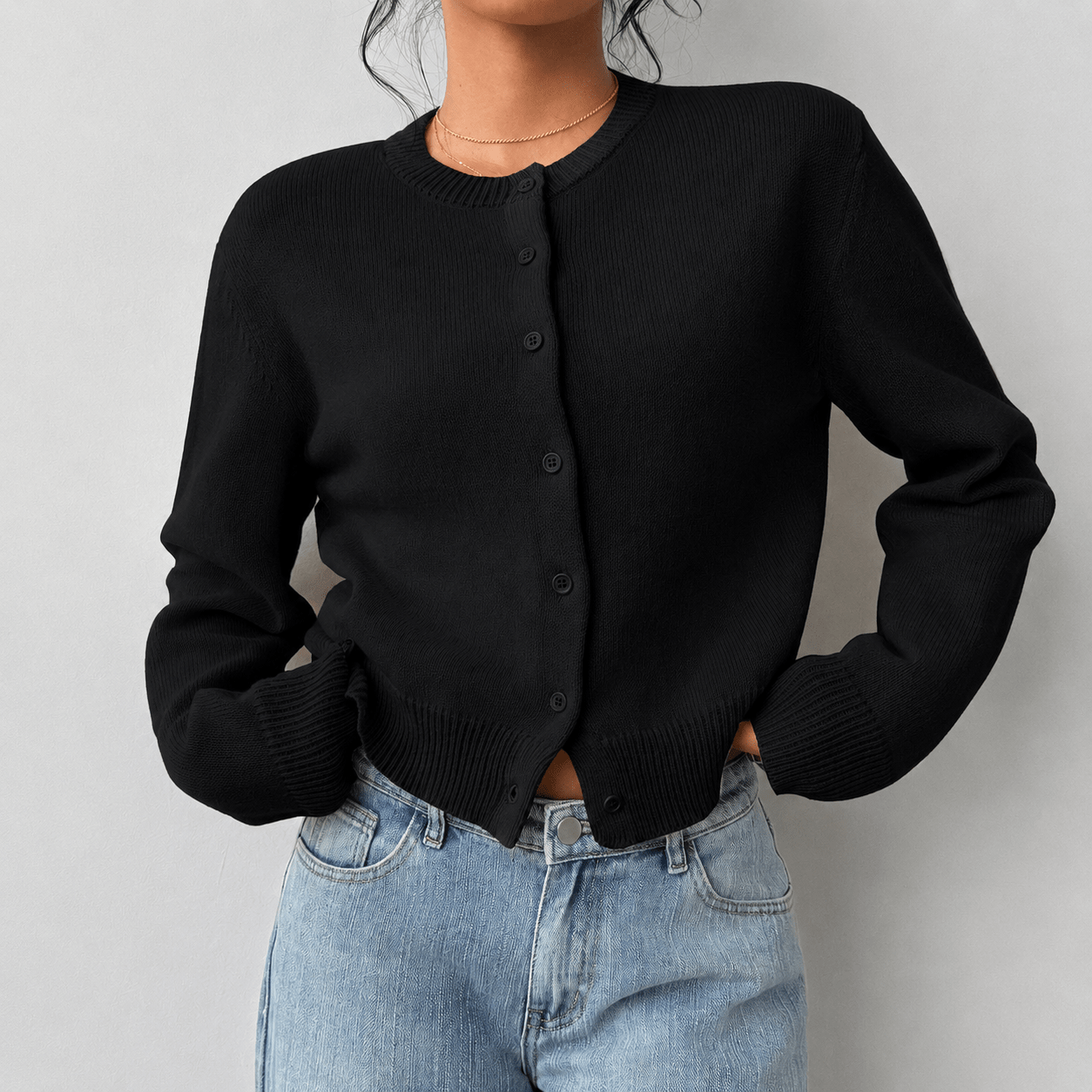 Dames Gebreid Cropped Vest met Knoopsluiting en Geribde Boorden