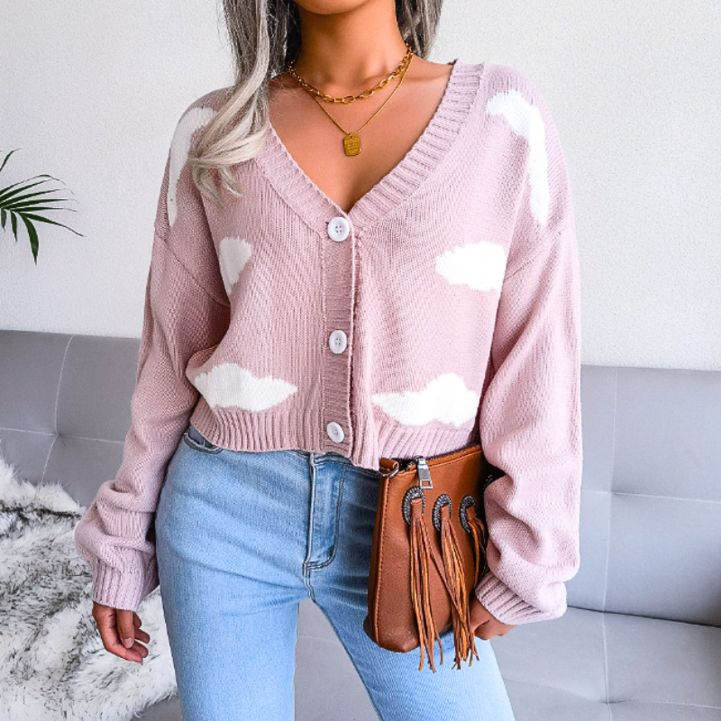 Dames Gebreid Cropped Vest met Wolkenmotief en V-hals