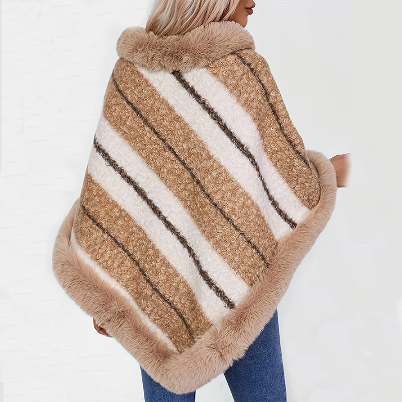 Dames Gestreepte Poncho met Bontkraag