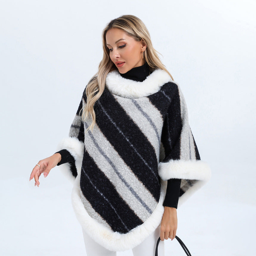 Dames Gestreepte Poncho met Bontkraag