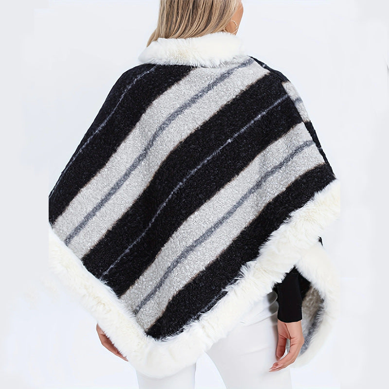 Dames Gestreepte Poncho met Bontkraag