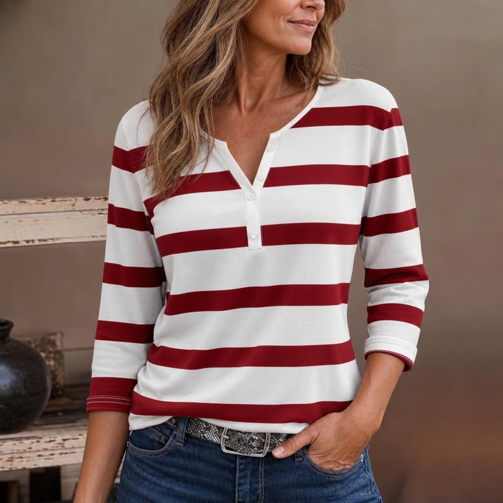 Dames Gestreepte Blouse met V-hals van Lichtgewicht Ademend Materiaal