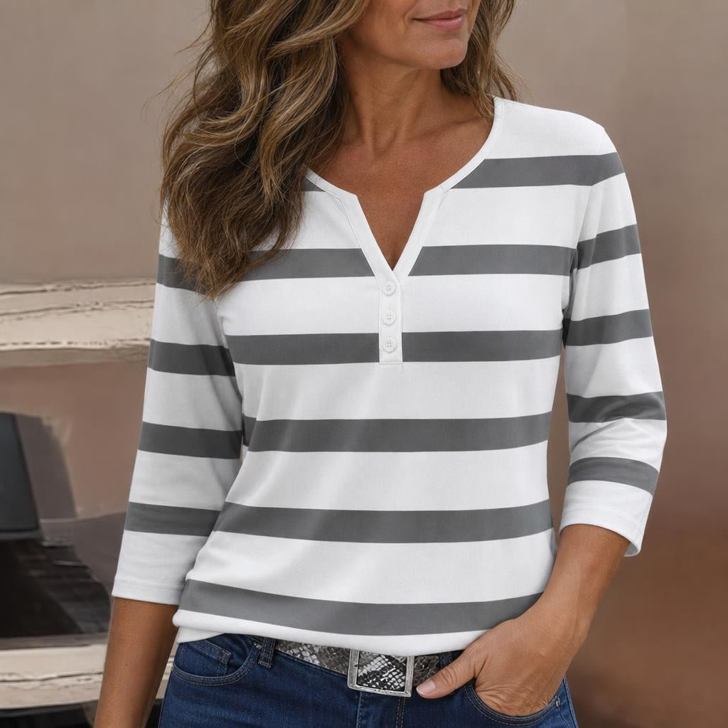 Dames Gestreepte Blouse met V-hals van Lichtgewicht Ademend Materiaal