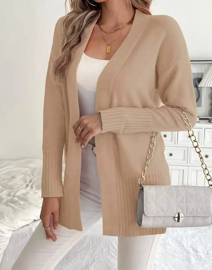 Dames Lang Gebreid Vest met Fijne Geribde Details en Relaxte Pasvorm