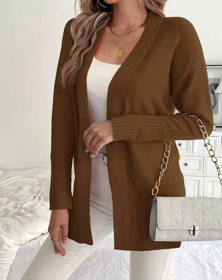 Dames Lang Gebreid Vest met Fijne Geribde Details en Relaxte Pasvorm