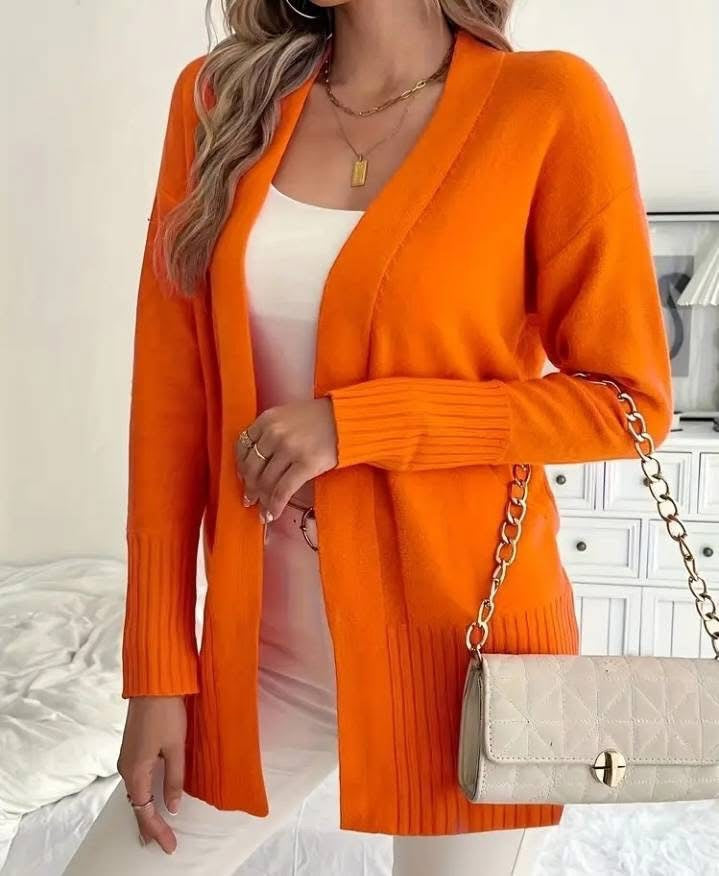 Dames Lang Gebreid Vest met Fijne Geribde Details en Relaxte Pasvorm