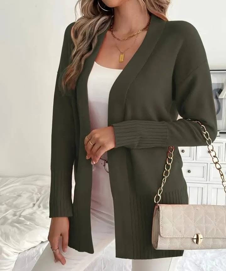 Dames Lang Gebreid Vest met Fijne Geribde Details en Relaxte Pasvorm