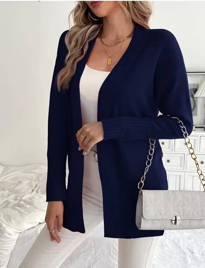 Dames Lang Gebreid Vest met Fijne Geribde Details en Relaxte Pasvorm