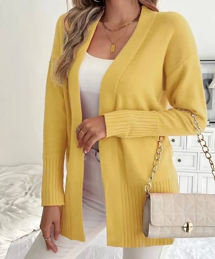 Dames Lang Gebreid Vest met Fijne Geribde Details en Relaxte Pasvorm
