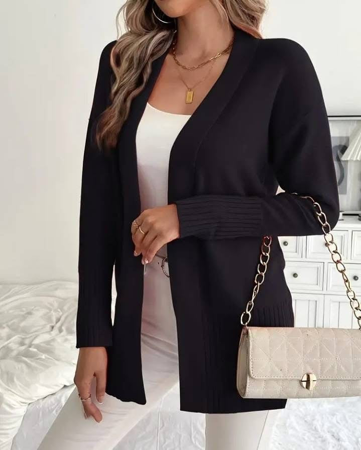 Dames Lang Gebreid Vest met Fijne Geribde Details en Relaxte Pasvorm