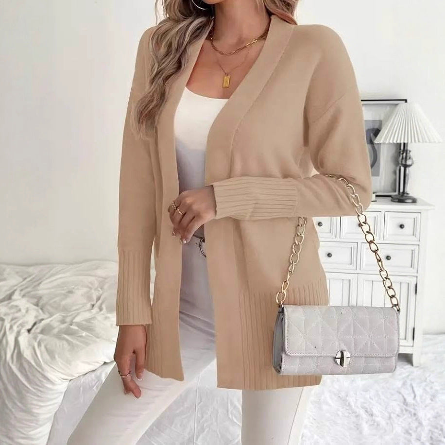 Dames Lang Gebreid Vest met Fijne Geribde Details en Relaxte Pasvorm