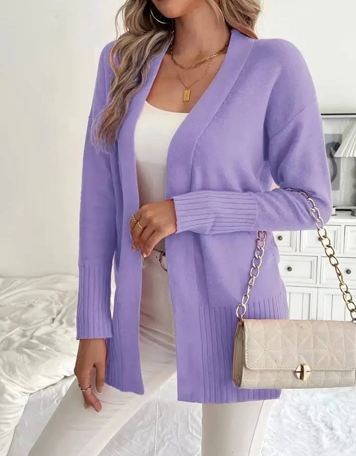 Dames Lang Gebreid Vest met Fijne Geribde Details en Relaxte Pasvorm