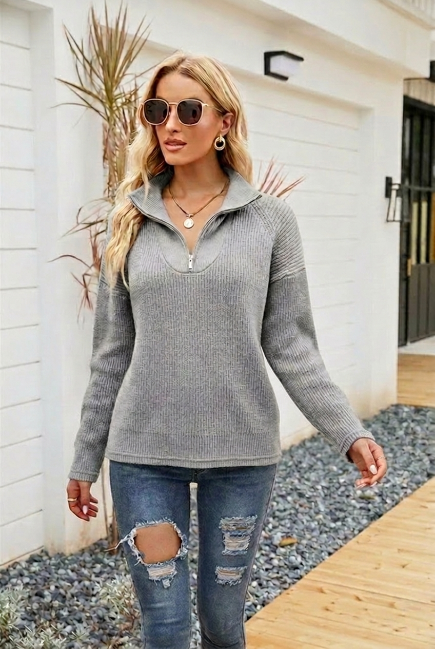 Dames Oversized Gebreide Trui met Halve Rits van Zachte Garens