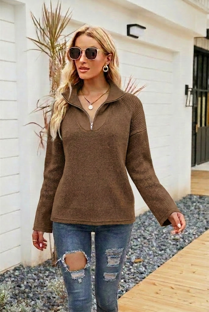 Dames Oversized Gebreide Trui met Halve Rits van Zachte Garens