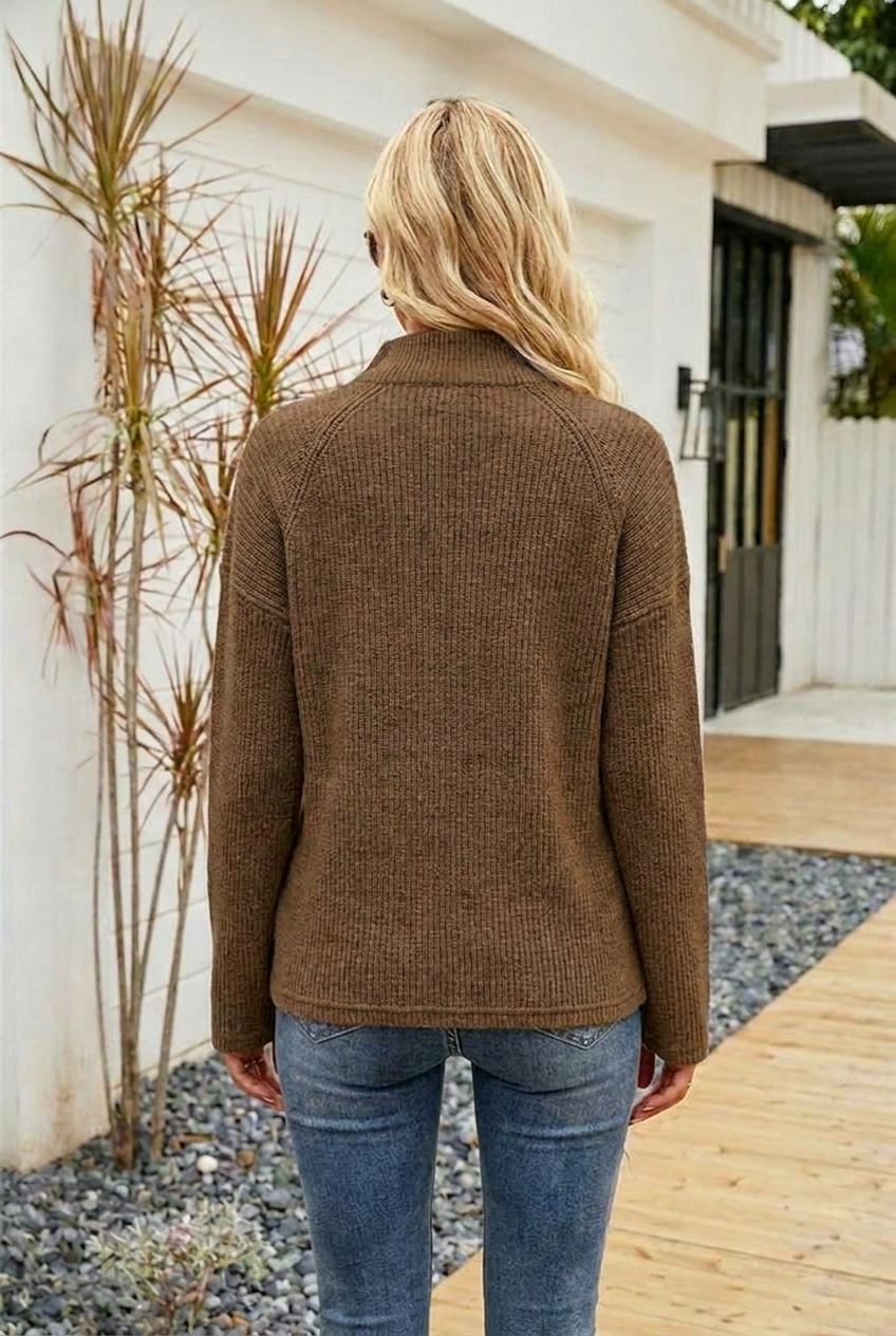 Dames Oversized Gebreide Trui met Halve Rits van Zachte Garens
