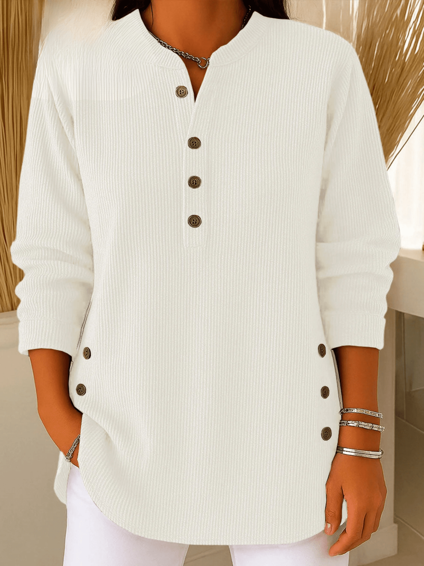 Dames tuniek met Henley-halslijn en Knoopdetail Lizzy