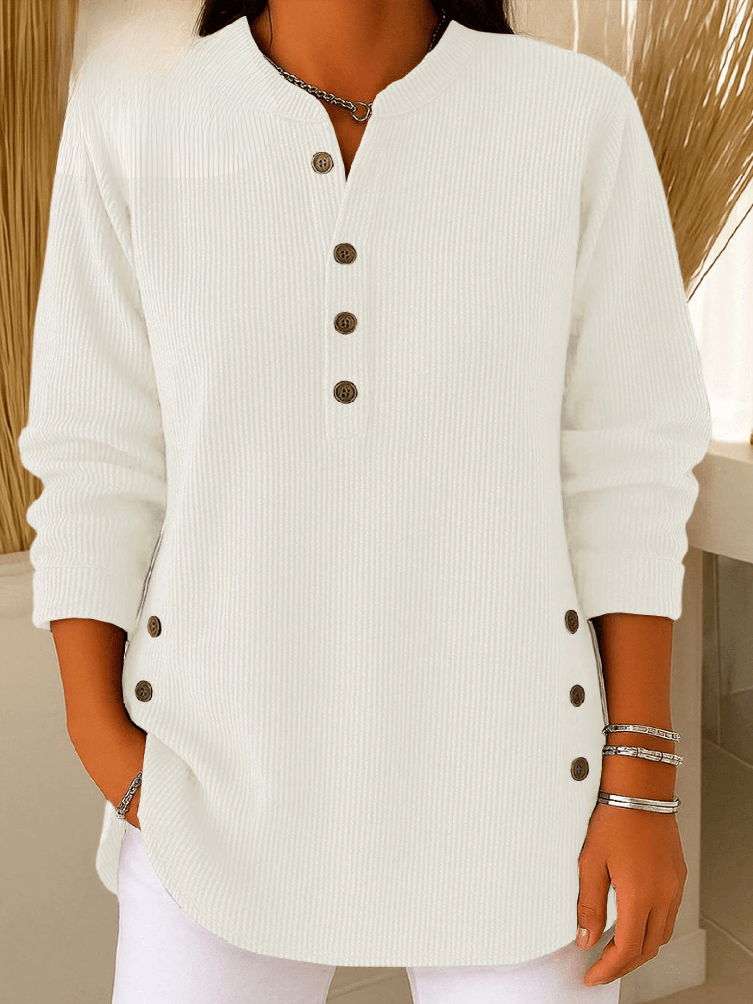 Dames tuniek met Henley-halslijn en Knoopdetail Lizzy
