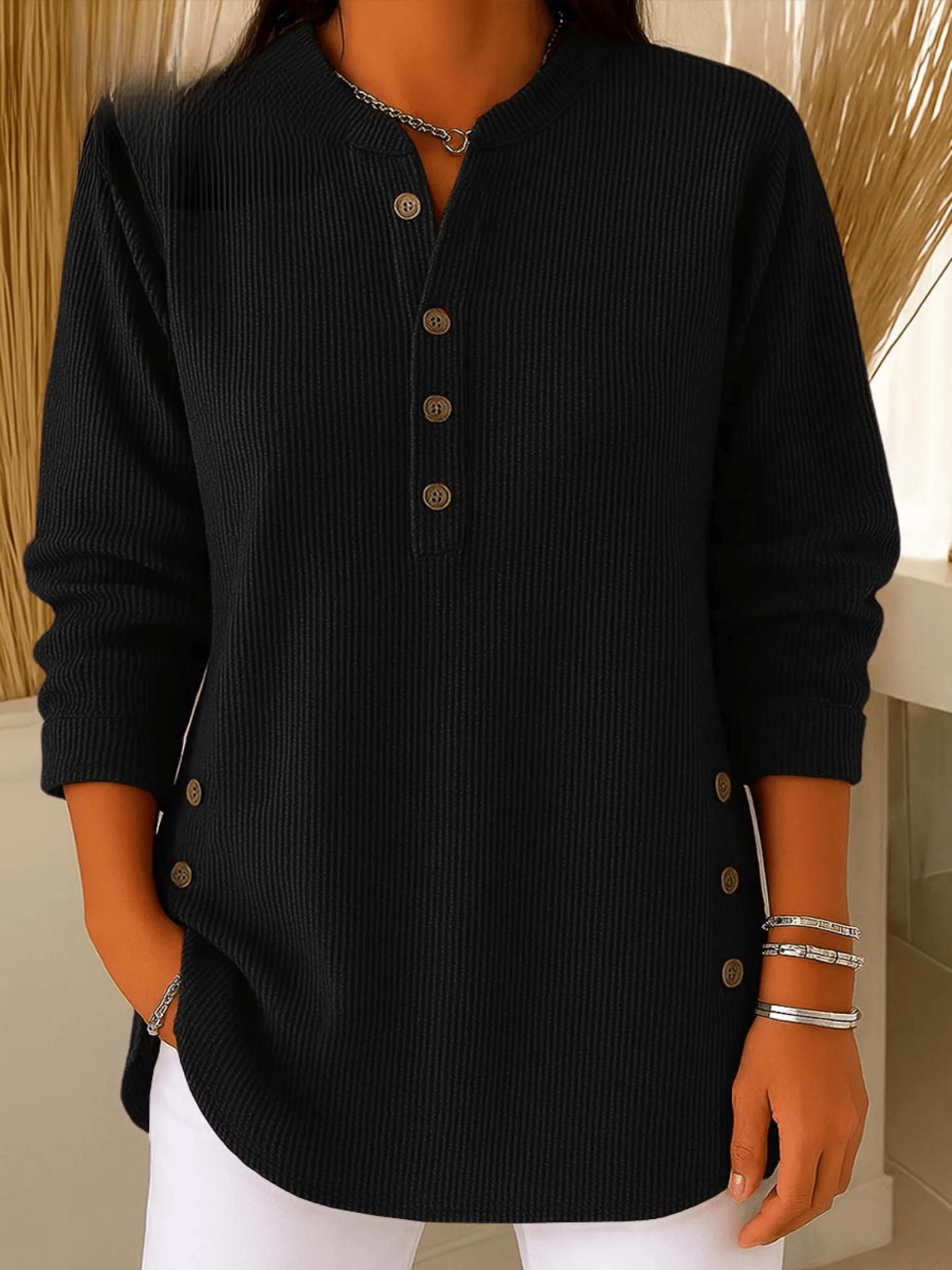 Dames tuniek met Henley-halslijn en Knoopdetail Lizzy
