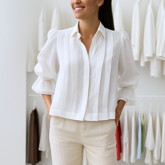 Damesblouse Geplooid met Reverskraag en Lange Mouw Lizzy