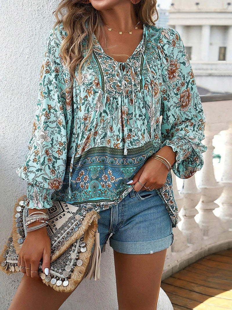 Damesblouse Korte Mouw met Ruchemanchetten en Bloemdessin Lizzy