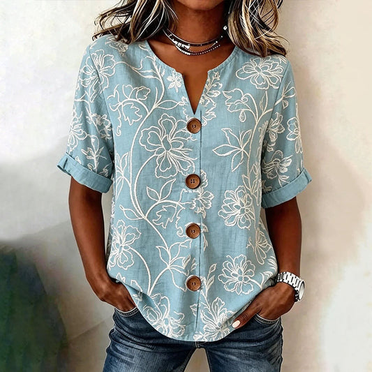 Damesblouse Korte Mouw met V-hals en Bloemenpatroon Lizzy
