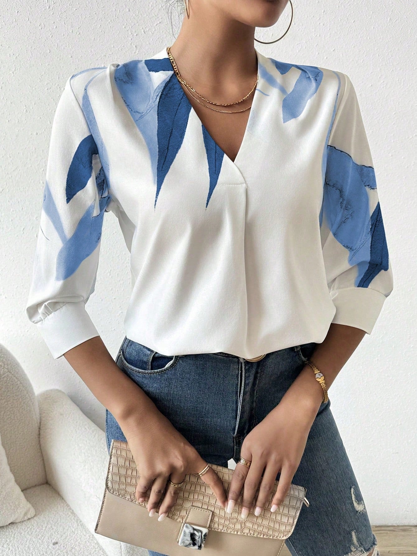Damesblouse Korte Mouw met V-hals en Print Lizzy