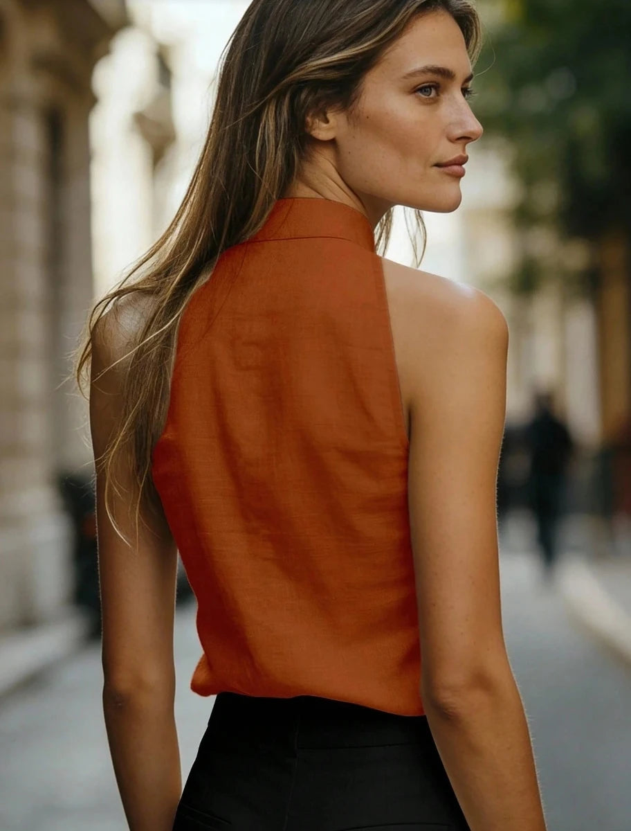 Damesblouse Mouwloos met Opstaande Kraag en V-knoopsluiting Lizzy