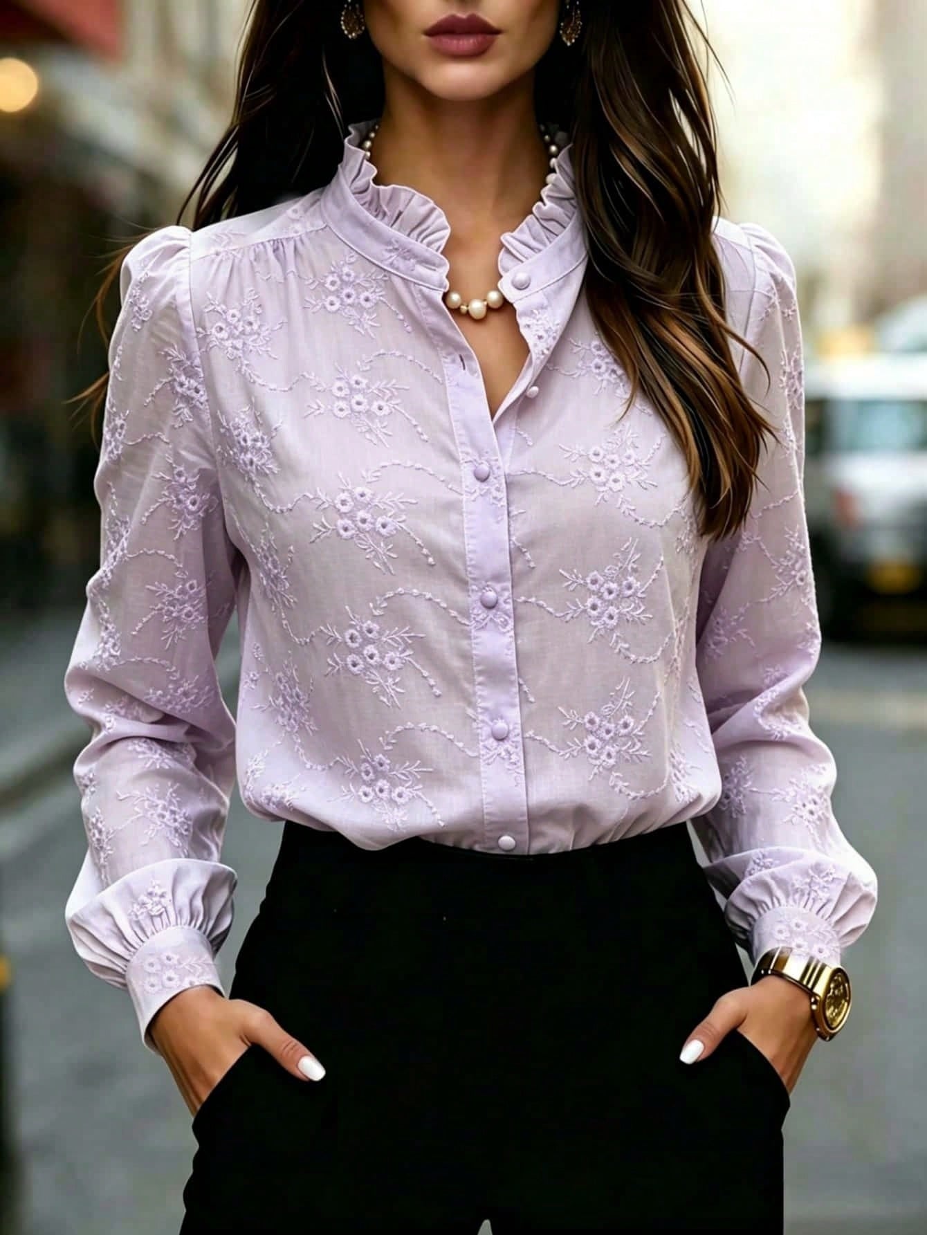 Damesblouse met Lange Mouwen en Bloemenborduurwerk Lizzy